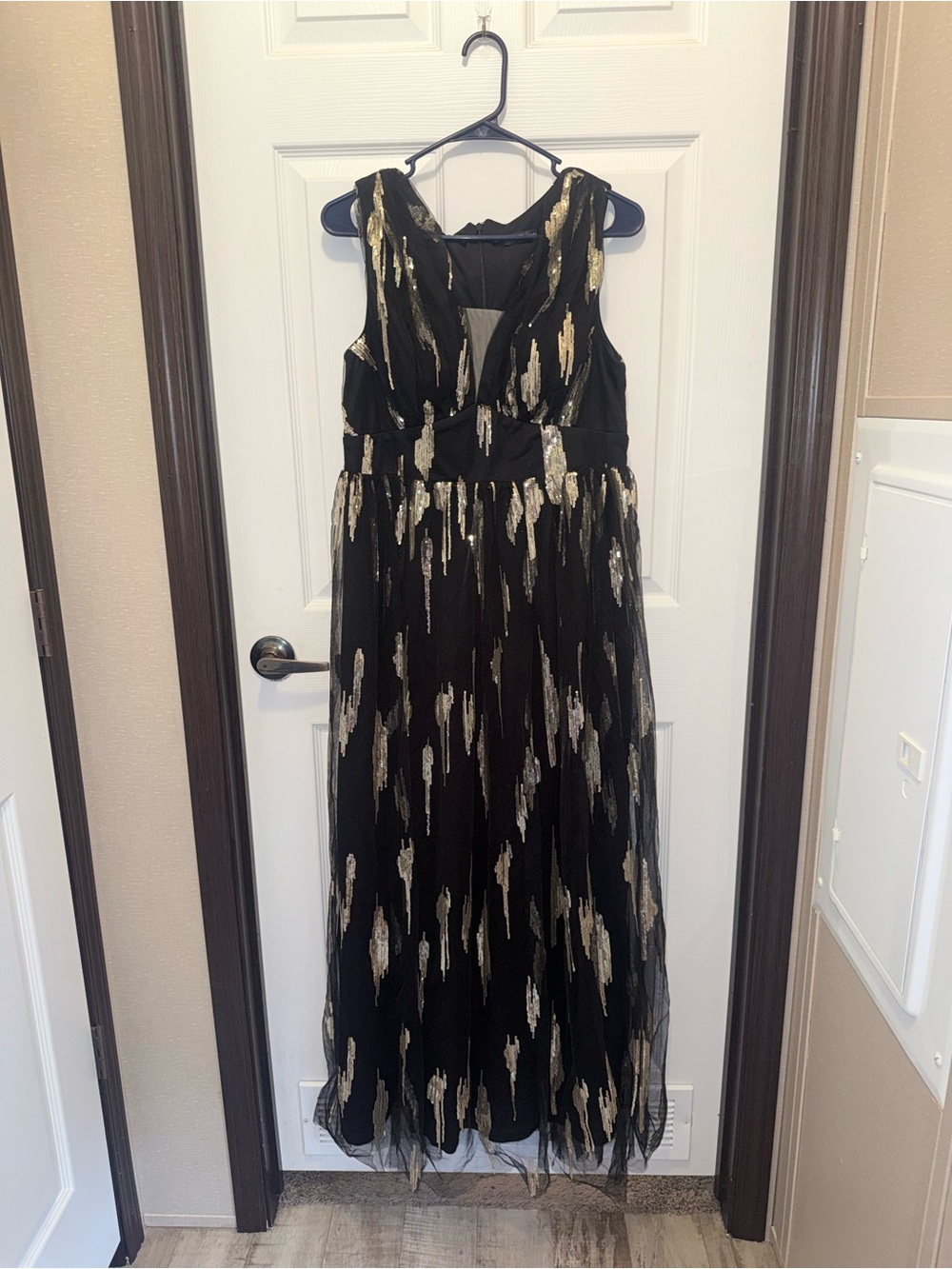 Black Maxi Dress with Gold Sequin Accents - Sleeveless V-Neck Gown